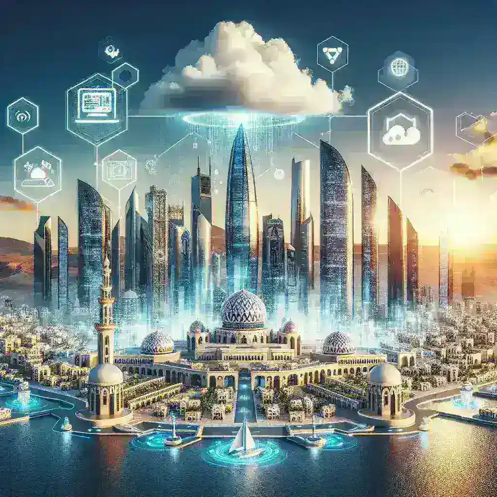 "صورة تعكس الأجندة الرقمية العربية 2030، مع تسليط الضوء على الإنجازات والتحديات المستقبلية في التكنولوجيا والابتكار في العالم العربي."
