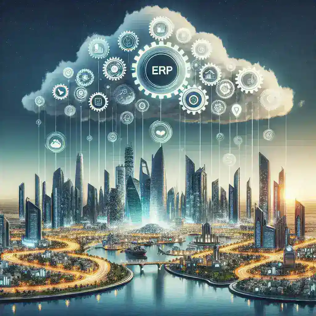 "صورة توضح أنظمة تخطيط موارد المؤسسات (ERP) ودورها في دعم تحقيق رؤية السعودية 2030، مع التركيز على تحسين الكفاءة والابتكار في القطاعات المختلفة."