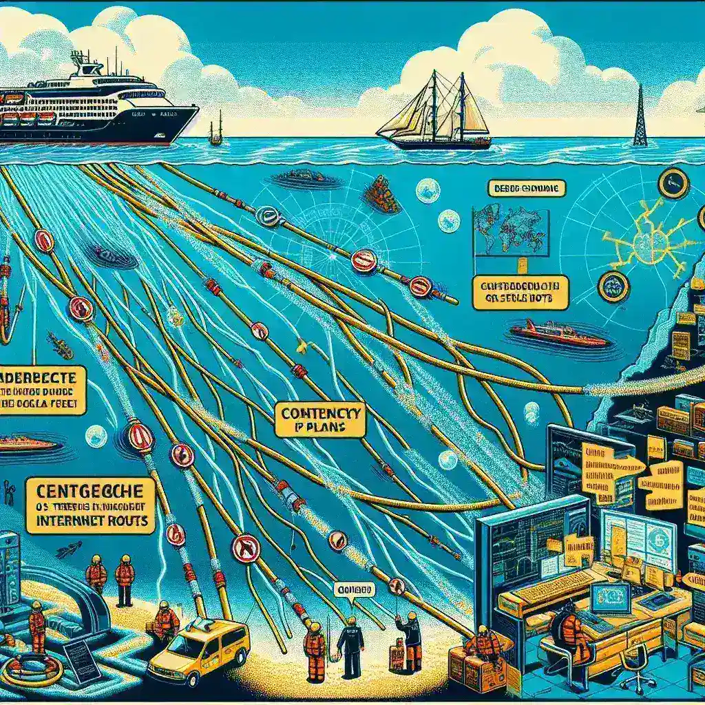 "انقطاع كابلات البحر الأحمر يؤثر على خدمات الإنترنت الإقليمية - صورة لخرائط الكابلات تحت البحر مع توضيح المسارات الاحتياطية لتعزيز الاتصالات."