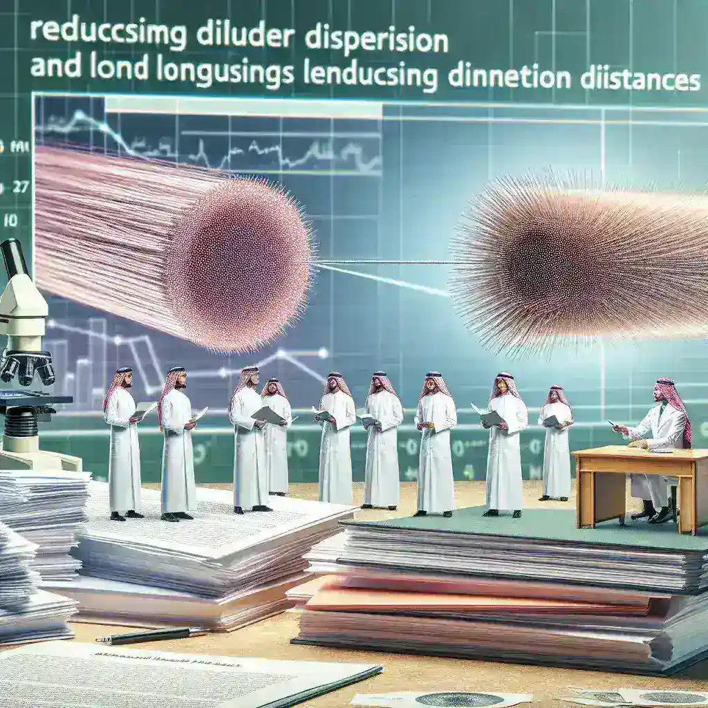 "صورة توضيحية لأبحاث جامعية عربية حول الألياف المجوفة، تظهر تقنيات مبتكرة تقلل التشتت وتزيد من مسافات الربط، مما يساهم في تحسين أداء الشبكات البصرية."